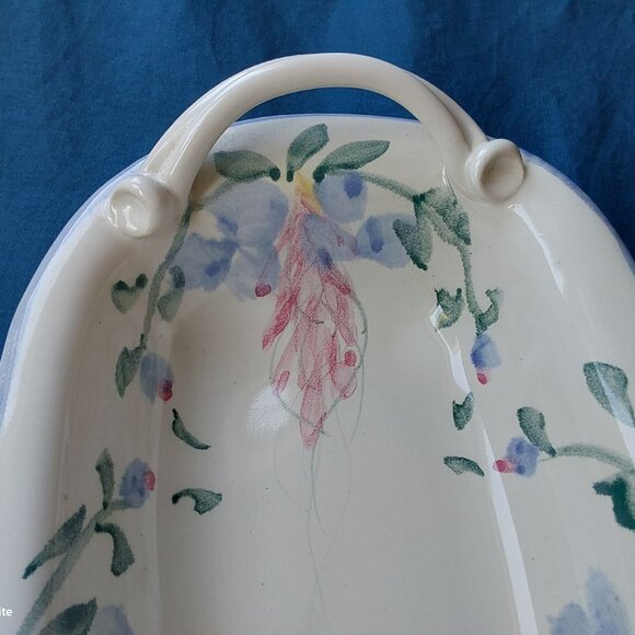 Studio pottery oblong serving dish with handles blue and pink flowers vtg 1993 - Picture 4 of 13